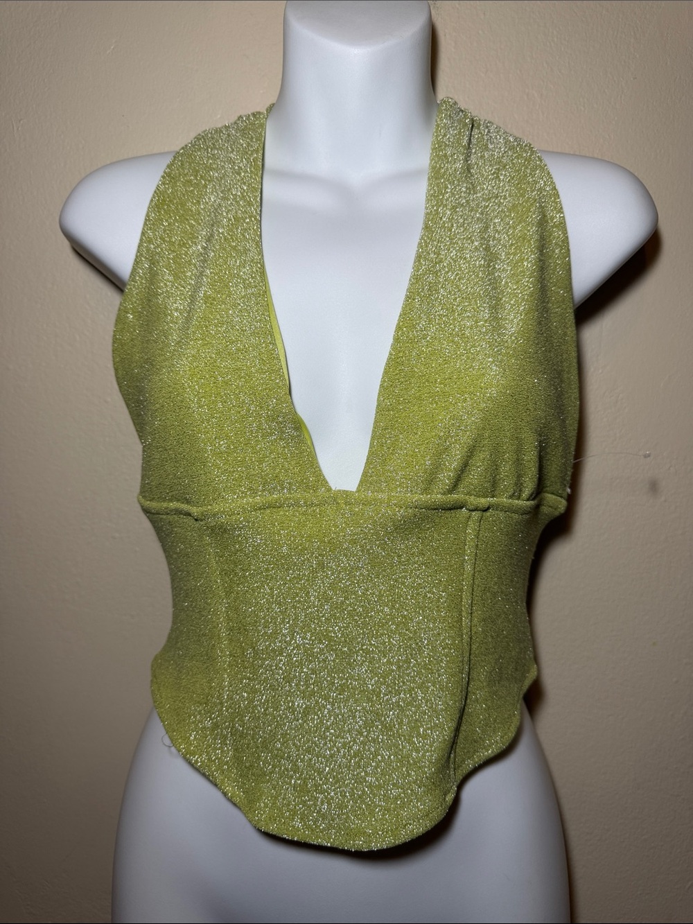 Olive Green Shimmery Halter V-Neck Blouse